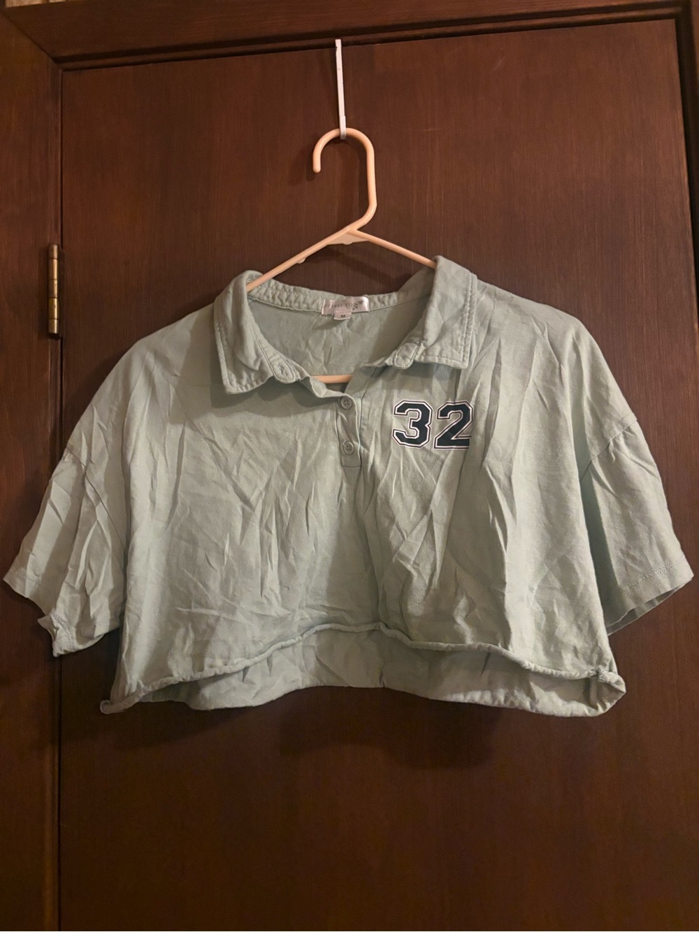 Cropped Polo Jersey Top in Light Mint with '32' Patch